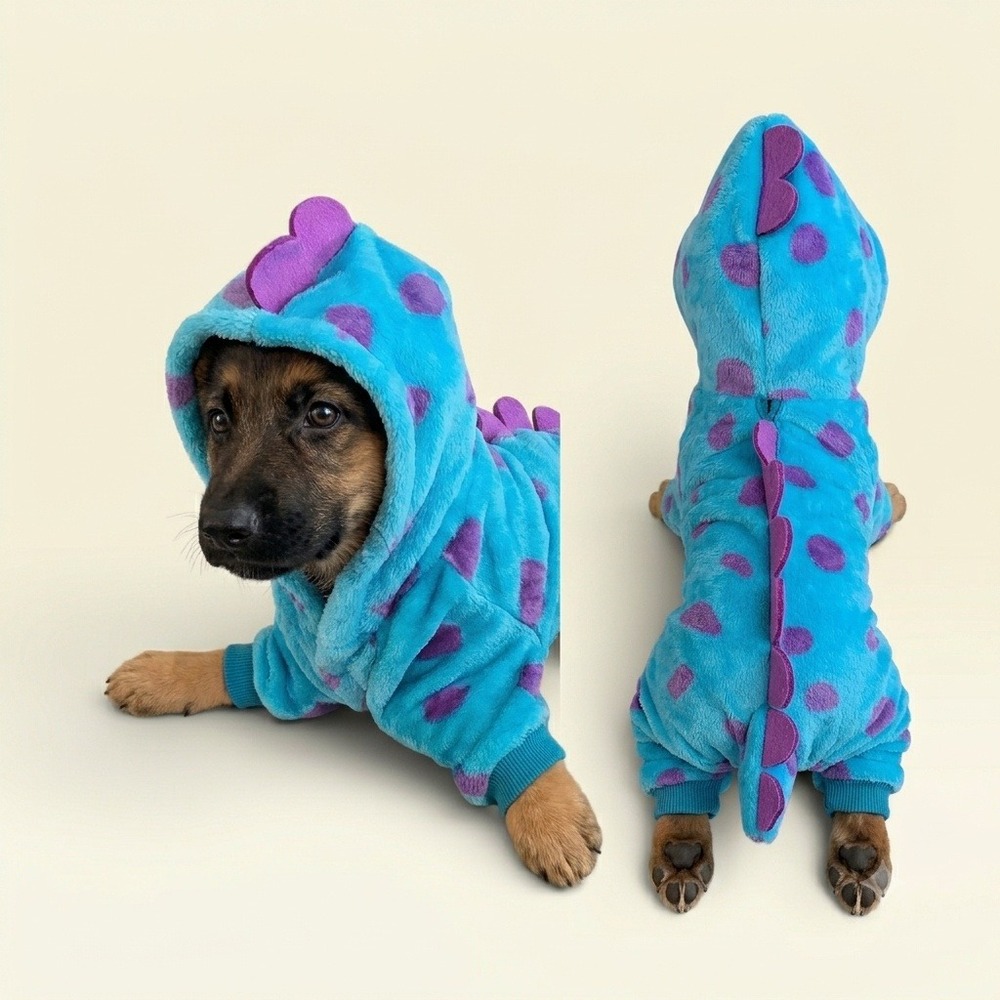 Blue Purple Spotted Dinosaur Pet Pajamas‎ Fleece Dog Jumpsuit Costume Hoodie